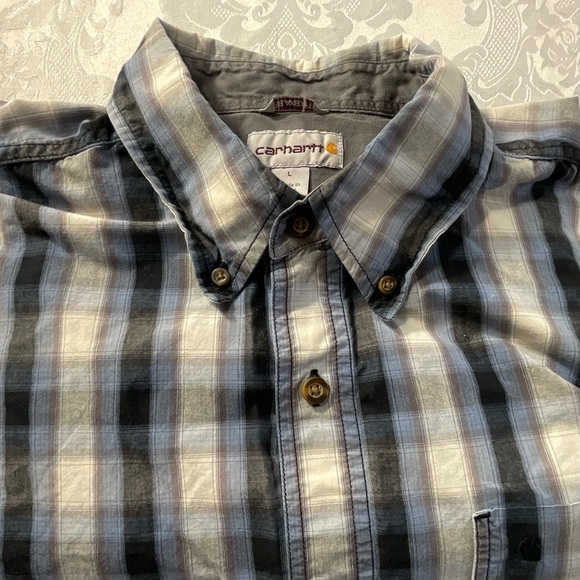 Carhartt Blue Plaid Button Down Short Sleeve Shirt Men’s Size Large - Picture 1 of 9